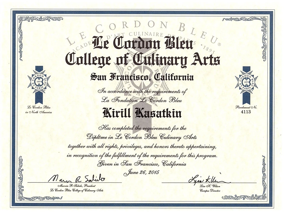Диплом Кирилла Касаткина · Le Cordon Bleu Culinary Arts